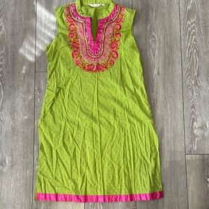 Green Sleeveless Dress with Pink Embroidery